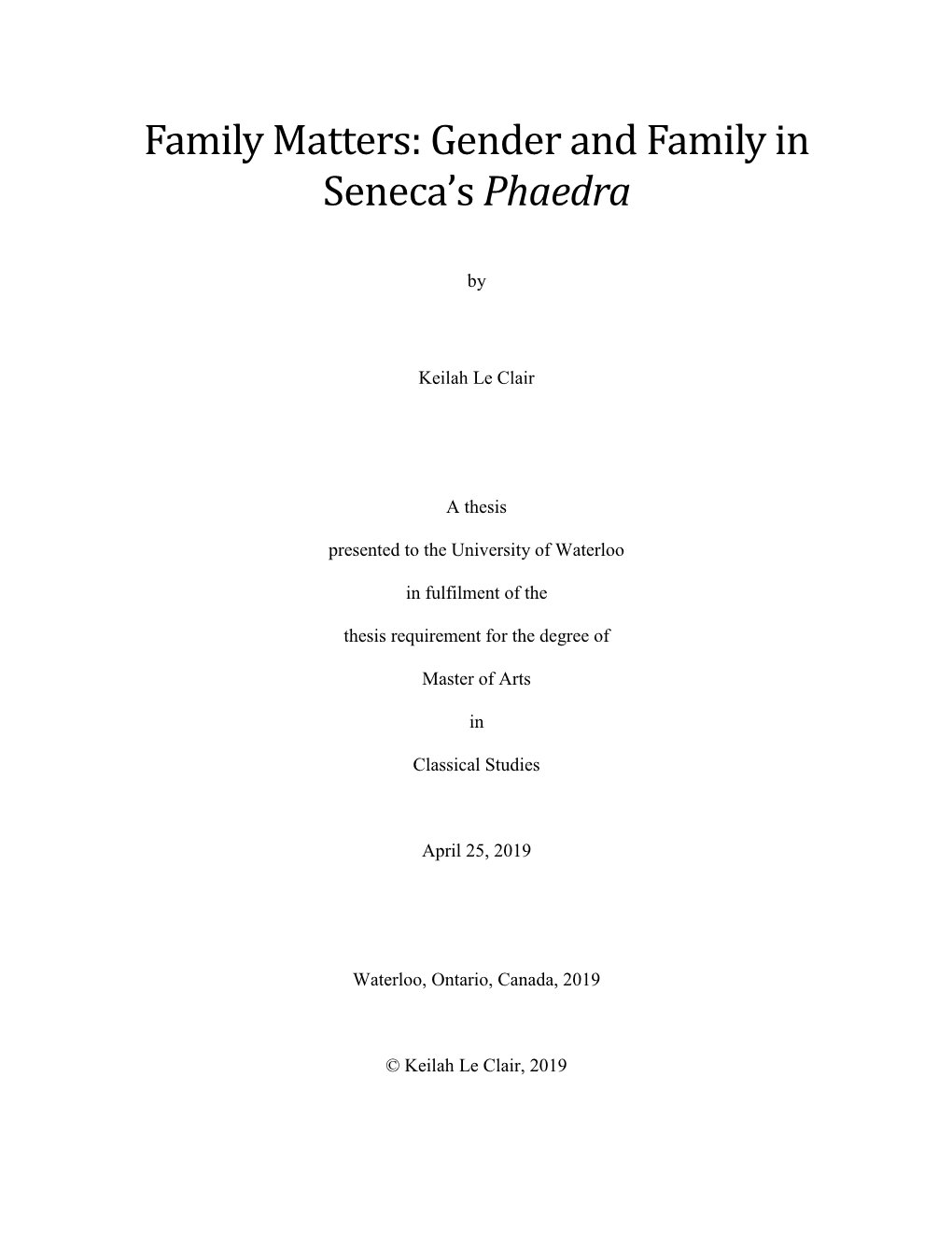 Gender and Family in Seneca's Phaedra