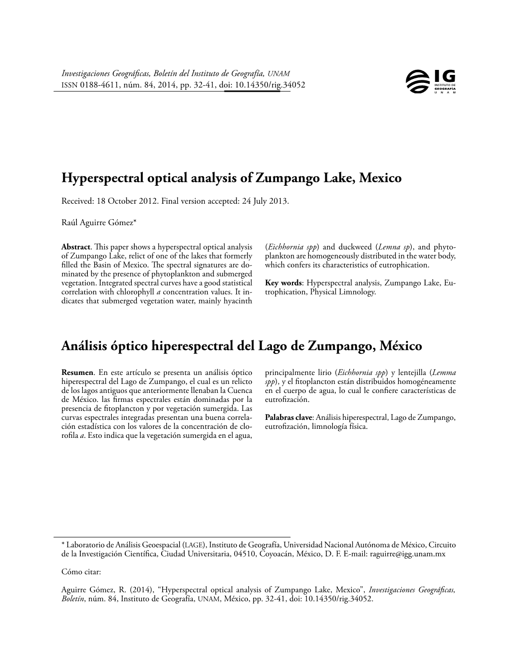Hyperspectral Optical Analysis of Zumpango Lake, Mexico Análisis