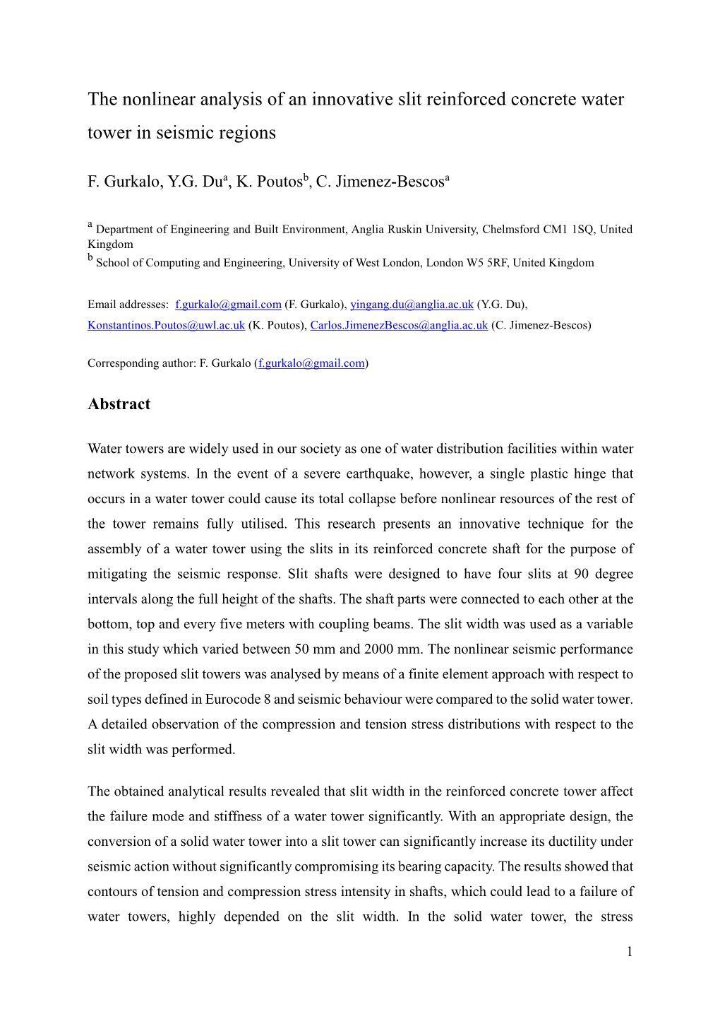 The Nonlinear Analysis of an Innovative Slit Reinforced Concrete Water Tower in Seismic Regions