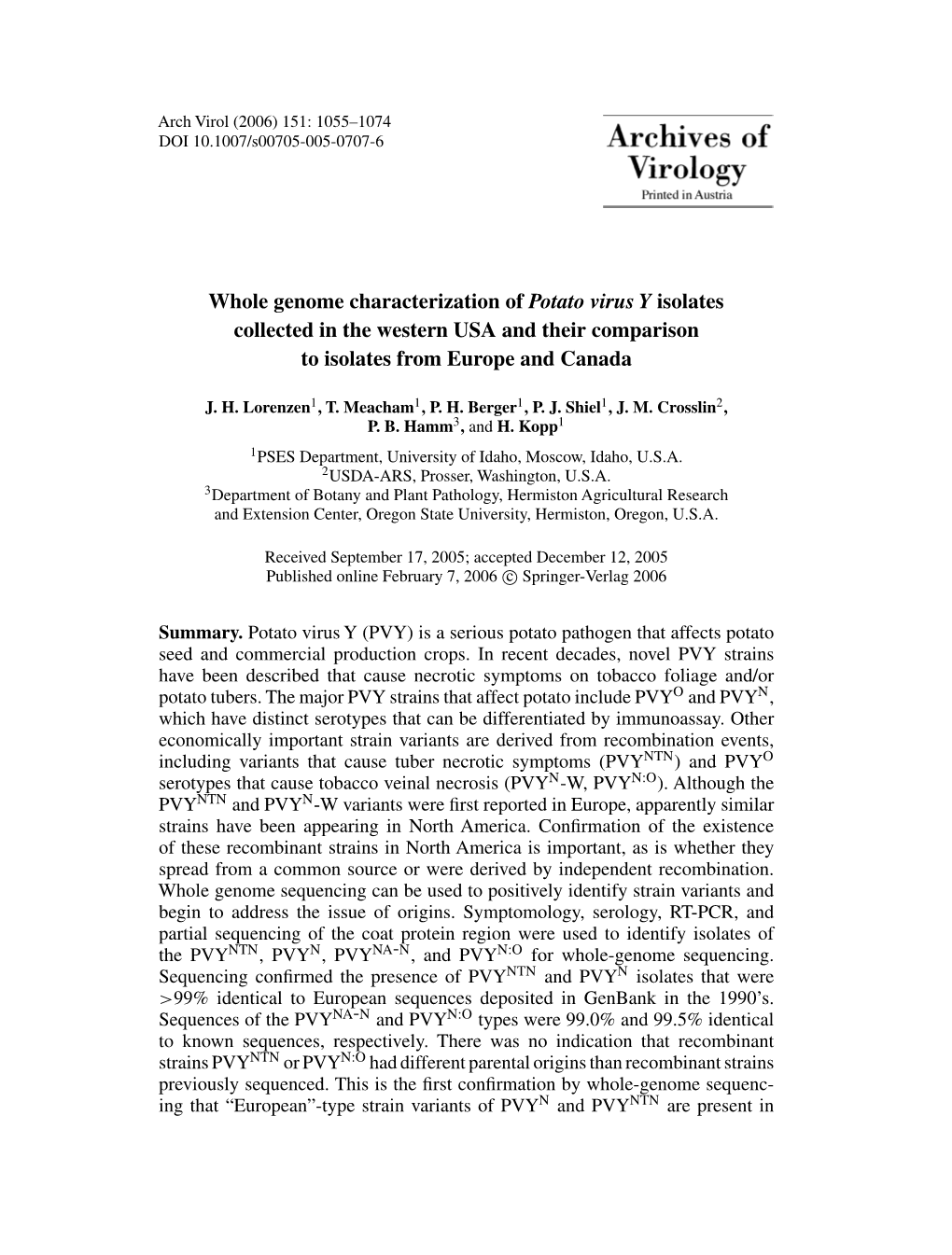 Whole Genome Characterization of Potato Virus Y Isolates Collected in the Western USA and Their Comparison to Isolates from Europe and Canada