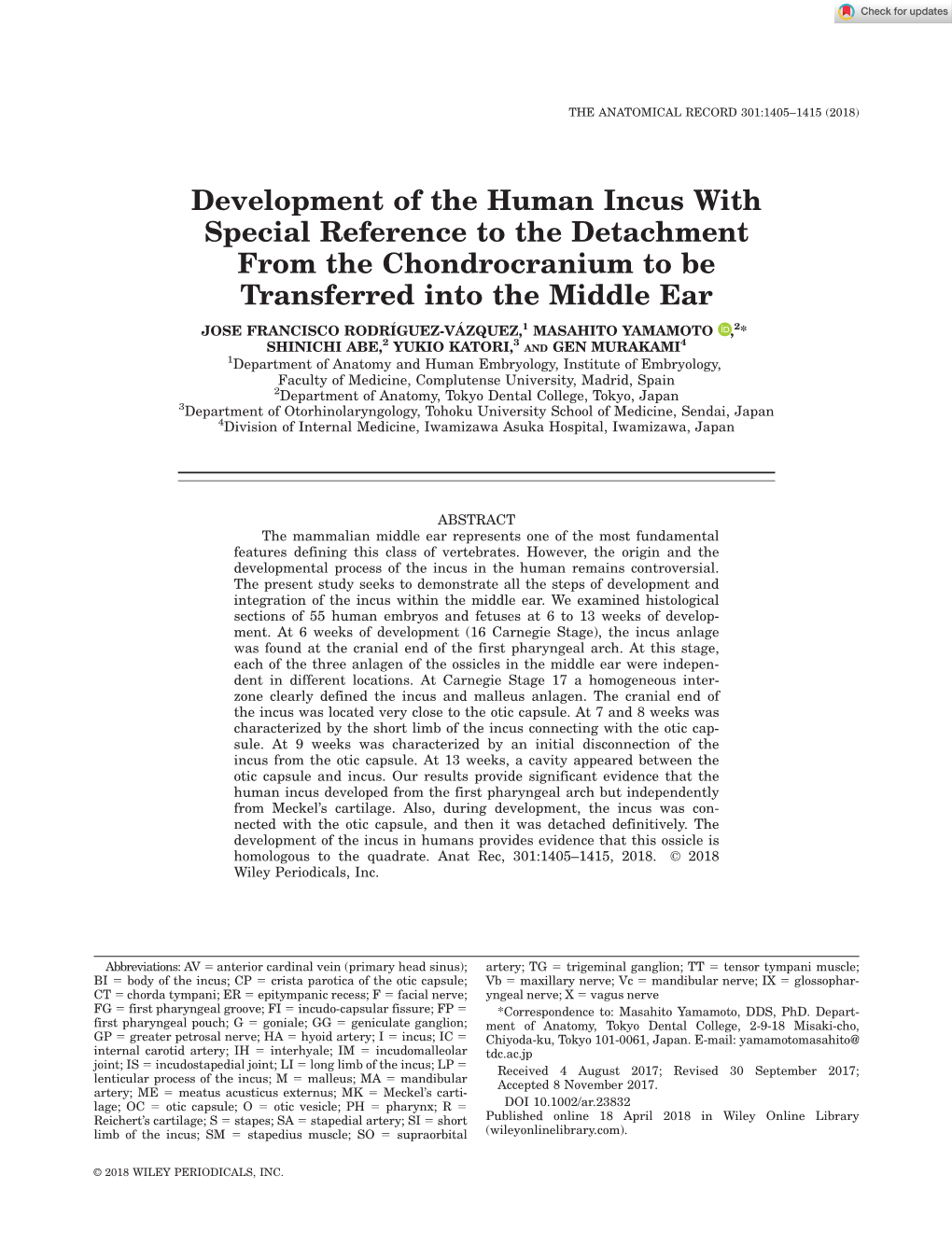 Development of the Human Incus with Special Reference to the Detachment from the Chondrocranium to Be Transferred Into the Middle Ear