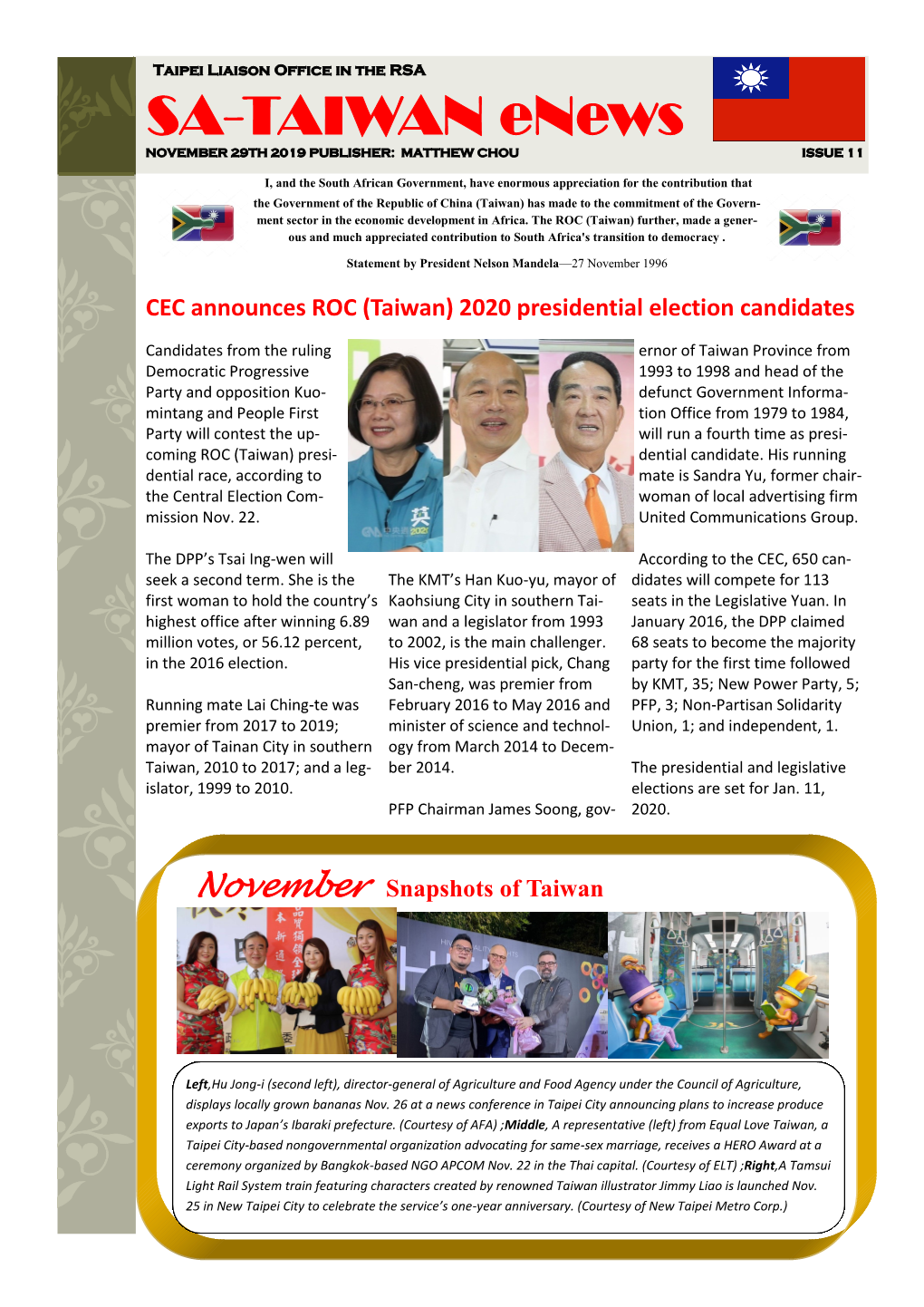 SA-TAIWAN Enews NOVEMBER 29TH 2019 PUBLISHER: MATTHEW CHOU ISSUE 11