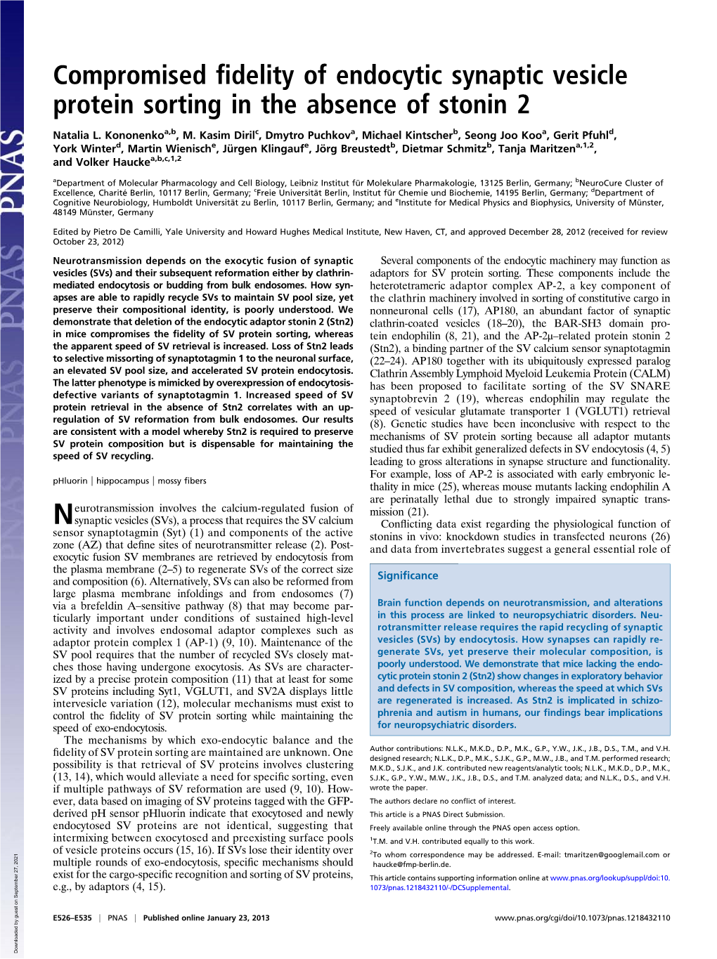 Compromised Fidelity of Endocytic Synaptic Vesicle Protein Sorting In