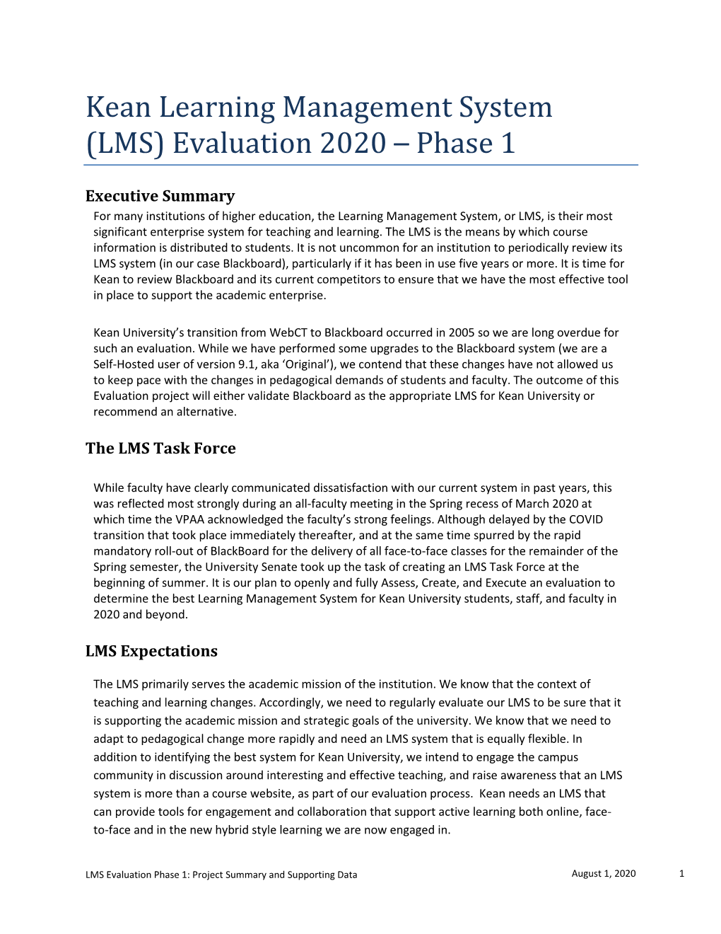 Kean Learning Management System (LMS) Evaluation 2020 – Phase 1