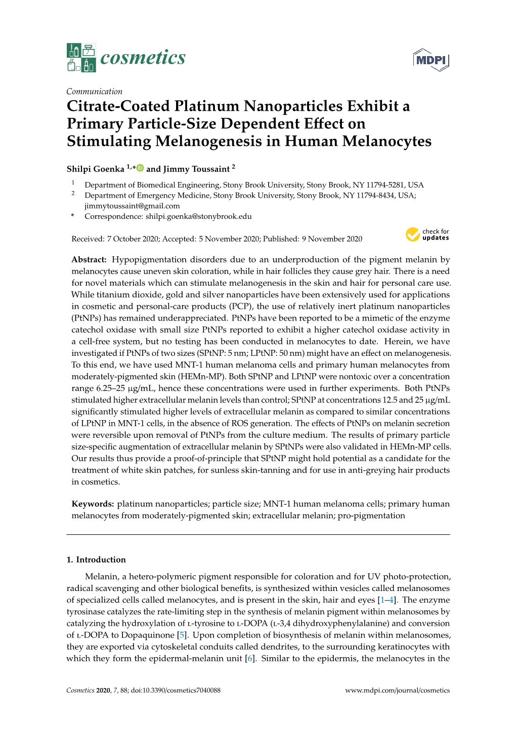 Citrate-Coated Platinum Nanoparticles Exhibit a Primary Particle-Size Dependent Effect on Stimulating Melanogenesis in Human