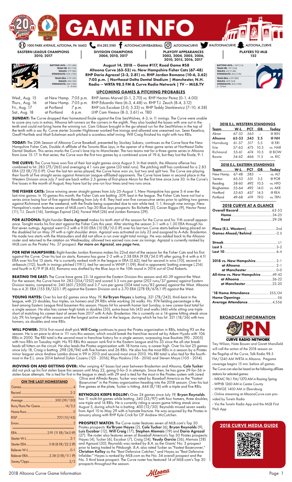 2018 Altoona Curve Game Information Page 1 2018