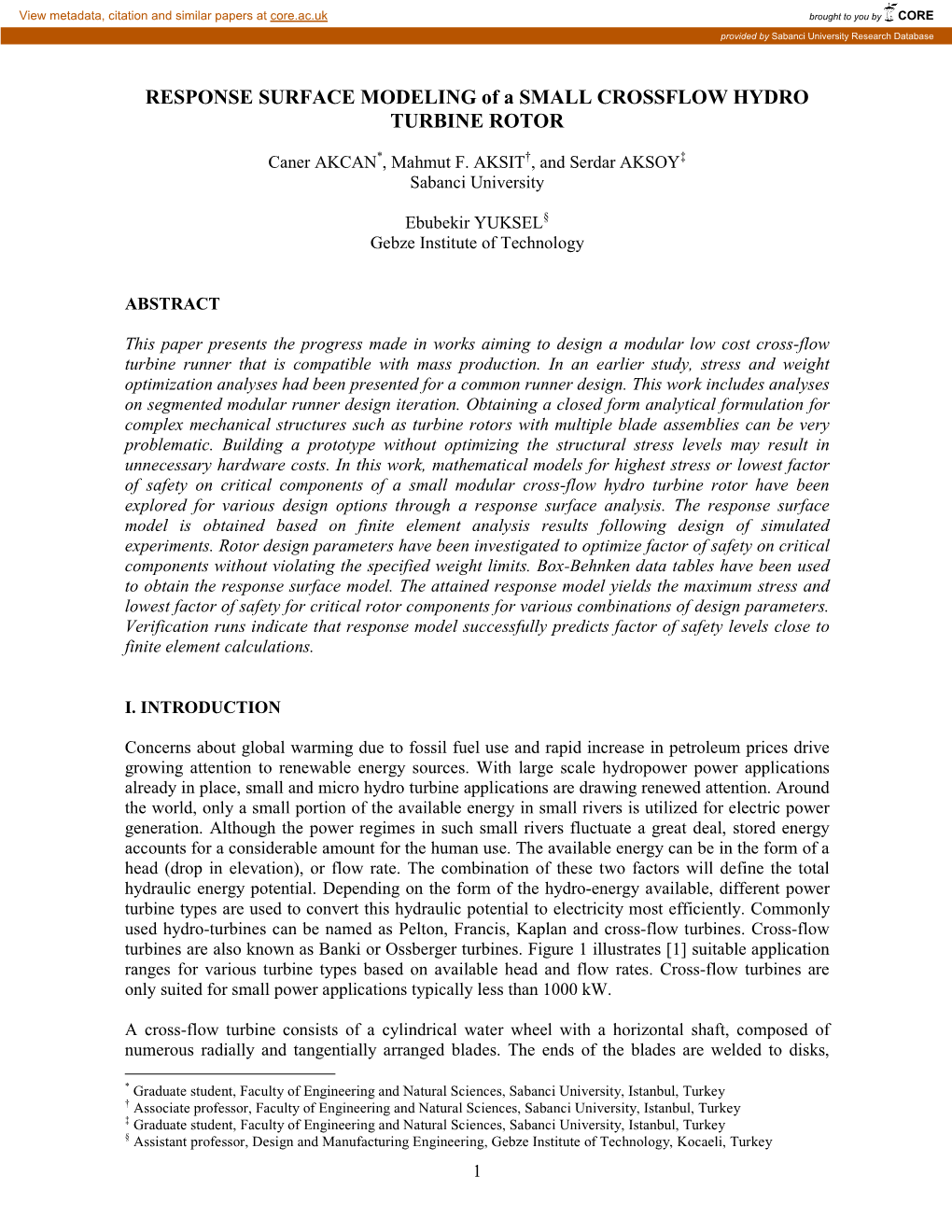 RESPONSE SURFACE MODELING of a SMALL CROSSFLOW HYDRO TURBINE ROTOR