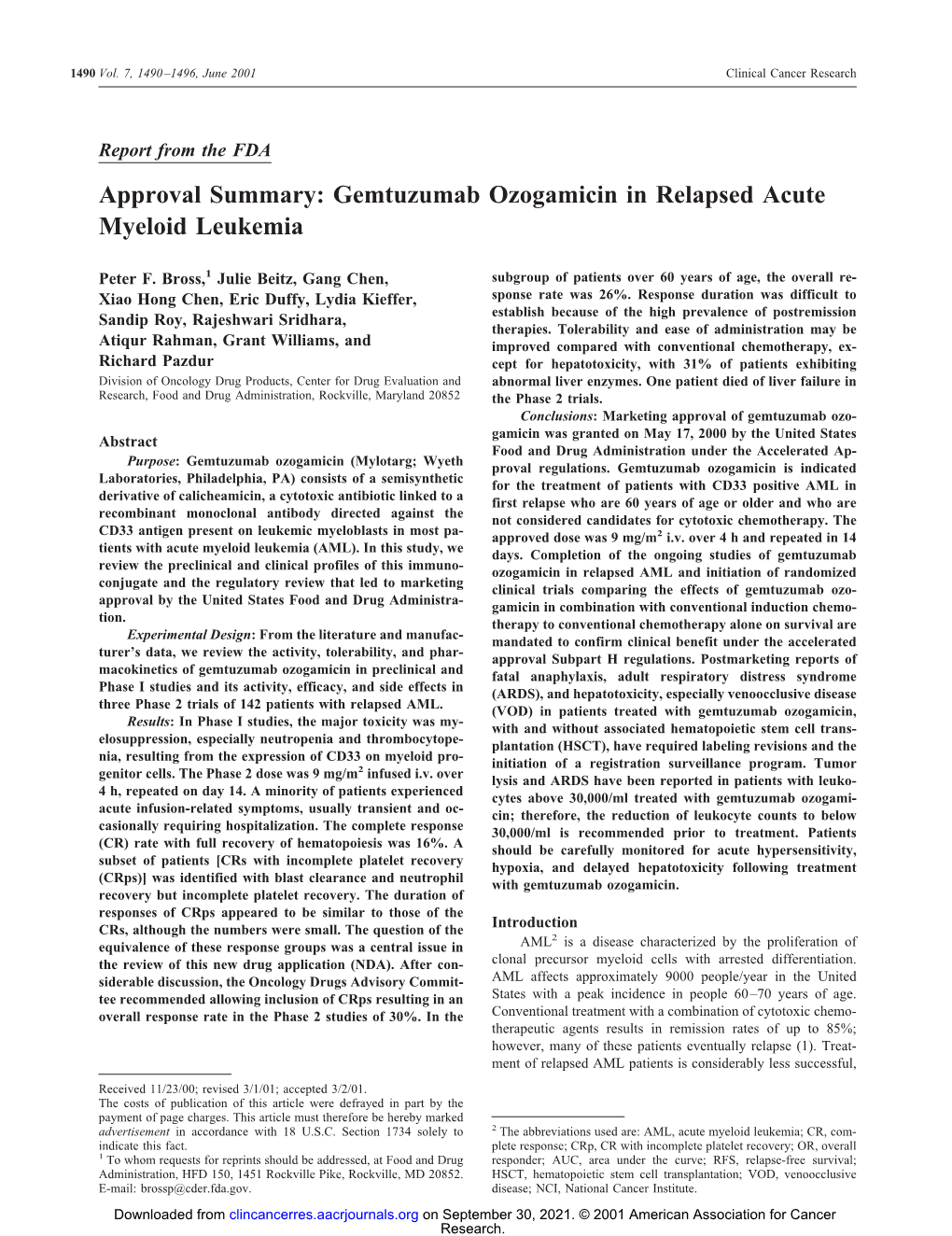 Gemtuzumab Ozogamicin in Relapsed Acute Myeloid Leukemia