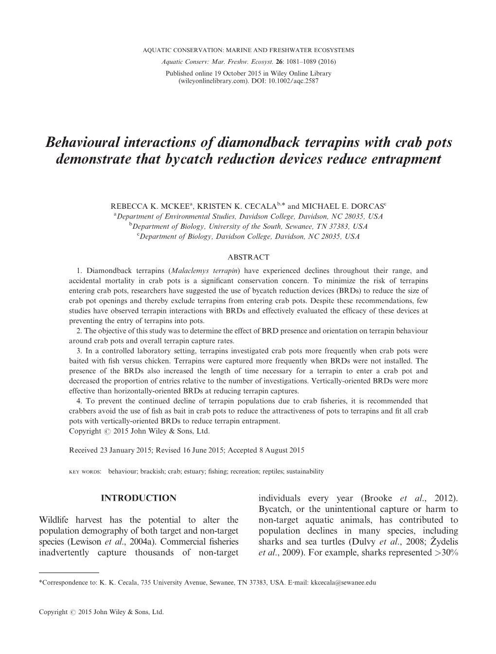 Behavioural Interactions of Diamondback Terrapins with Crab Pots Demonstrate That Bycatch Reduction Devices Reduce Entrapment