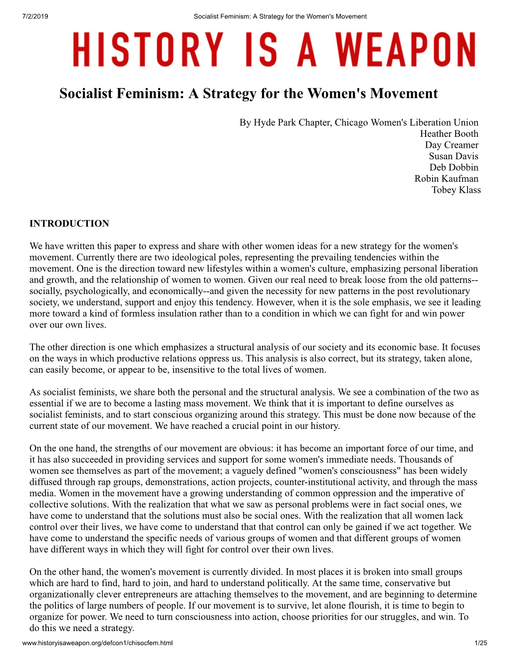 Socialist Feminism: a Strategy for the Women's Movement