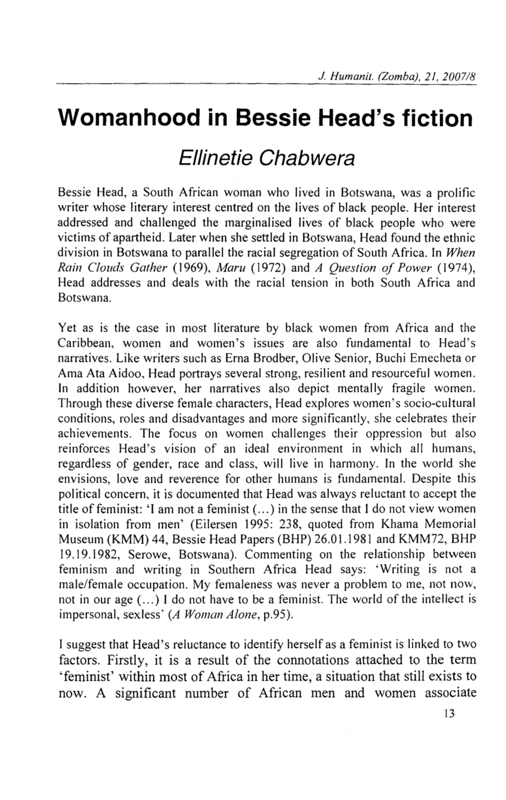 Womanhood in Bessie Head's Fiction Ellinetie Chabwera