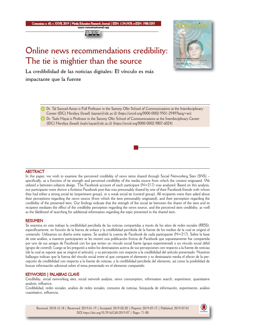 Online News Recommendations Credibility: the Tie Is Mightier Than the Source La Credibilidad De Las Noticias Digitales: El Vínculo Es Más Impactante Que La Fuente