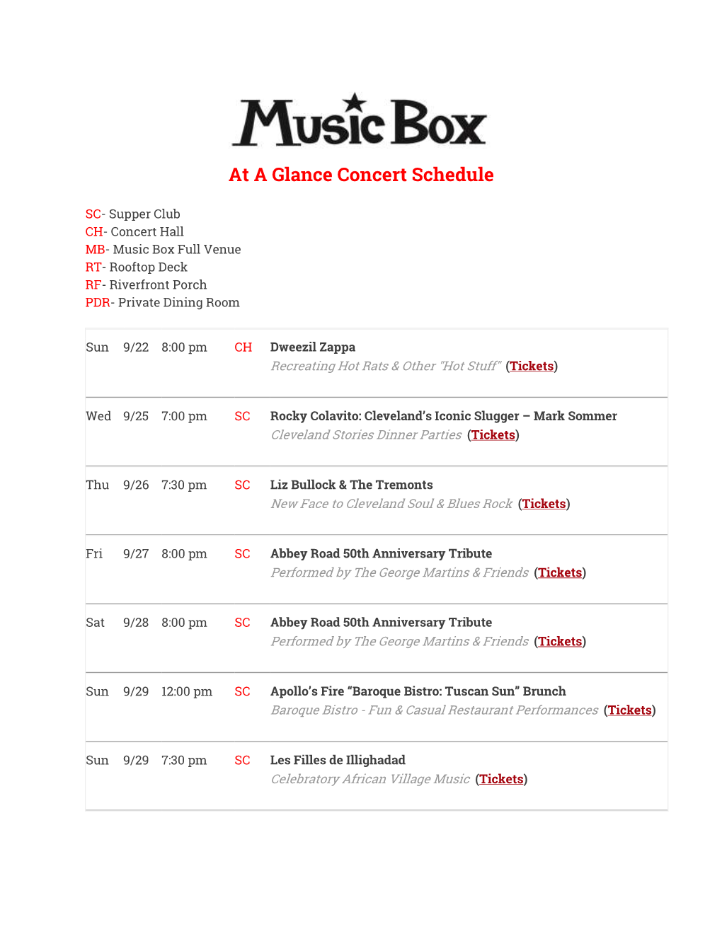 At a Glance Concert Schedule