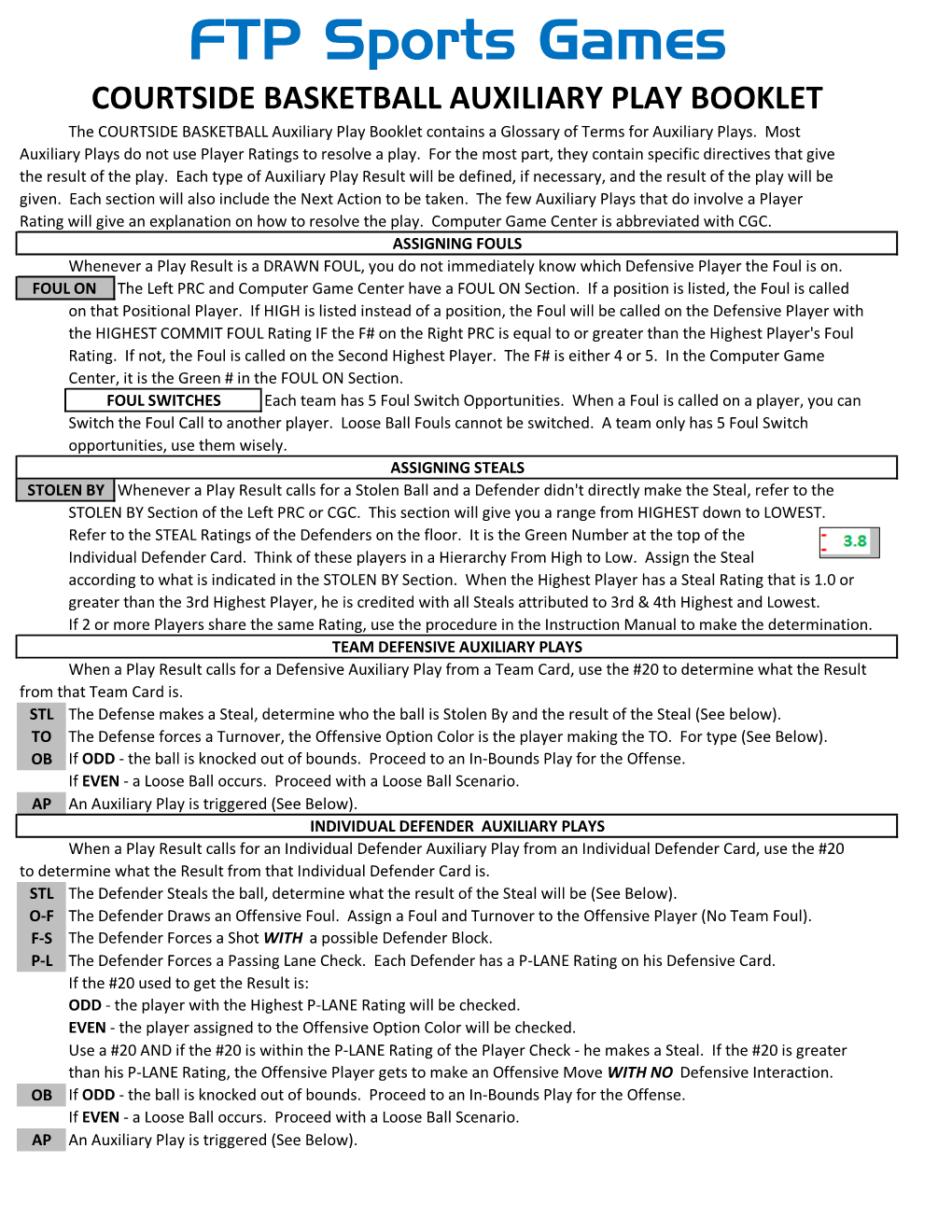 AUXILIARY PLAY BOOKLET the COURTSIDE BASKETBALL Auxiliary Play Booklet Contains a Glossary of Terms for Auxiliary Plays