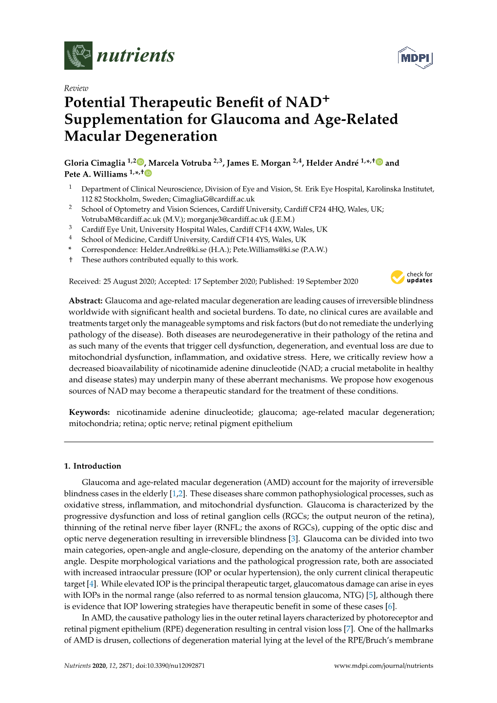 Potential Therapeutic Benefit of NAD+ Supplementation for Glaucoma And