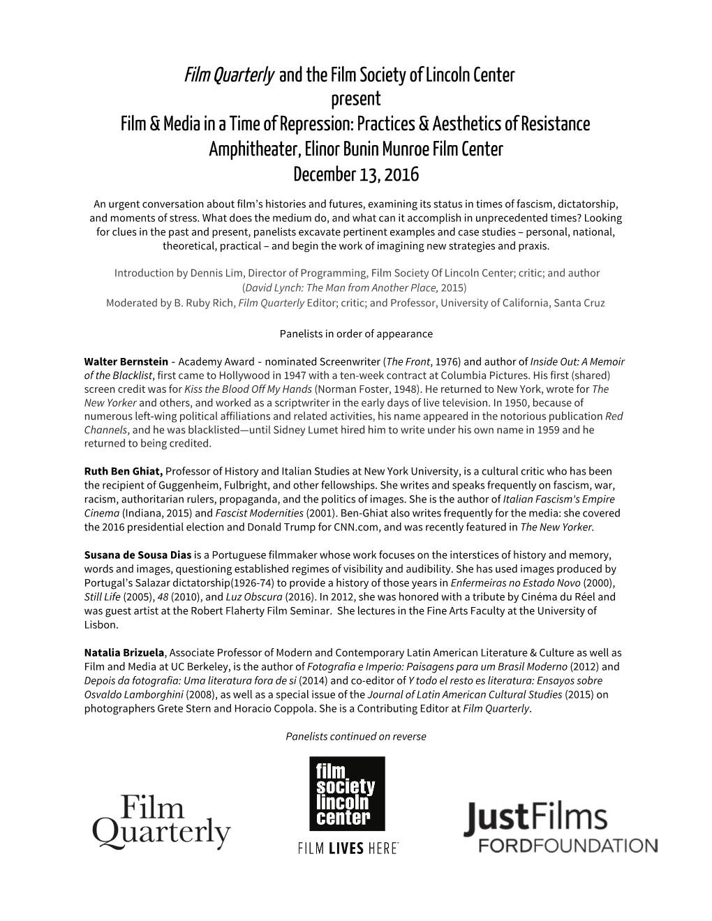 Film Quarterly​ and the Film Society of Lincoln Center Present Film