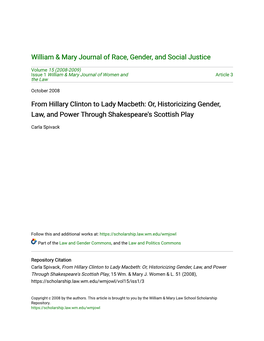 From Hillary Clinton to Lady Macbeth: Or, Historicizing Gender, Law, and Power Through Shakespeare's Scottish Play