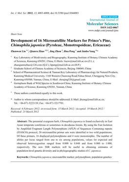 Development of 16 Microsatellite Markers for Prince's Pine, Chimaphila Japonica (Pyroleae, Monotropoideae, Ericaceae)