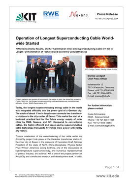 Operation of Longest Superconducting Cable Worldwide