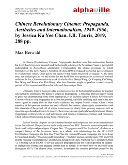 Chinese Revolutionary Cinema: Propaganda, Aesthetics and Internationalism, 1949–1966, by Jessica Ka Yee Chan