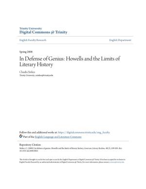 Howells and the Limits of Literary History Claudia Stokes Trinity University, Cstokes@Trinity.Edu