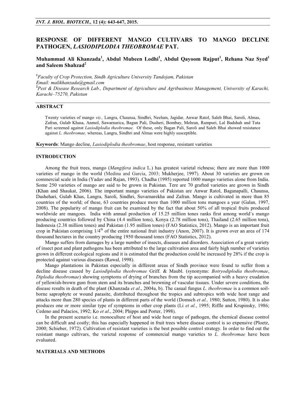 Response of Different Mango Cultivars to Mango Decline Pathogen, Lasiodiplodia Theobromae Pat