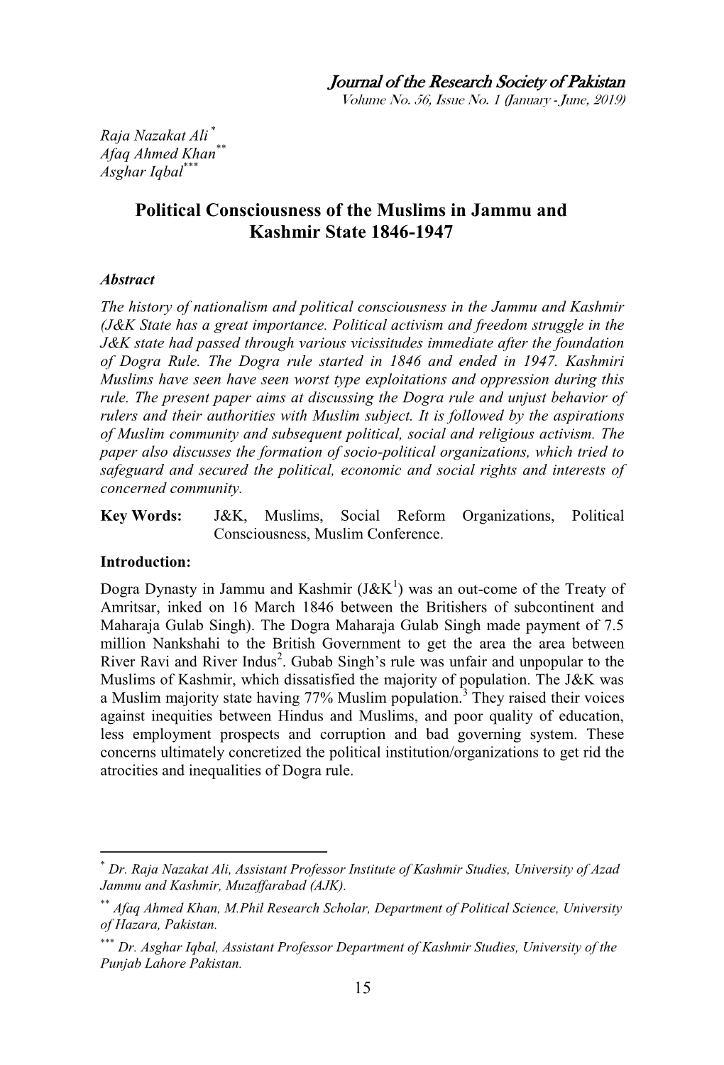 Political Consciousness of the Muslims in Jammu and Kashmir State 1846-1947