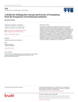 A Model for Defining the Concept and Practice of Translation, from the Perspective of Greimassian Semiotics Rovena Troqe