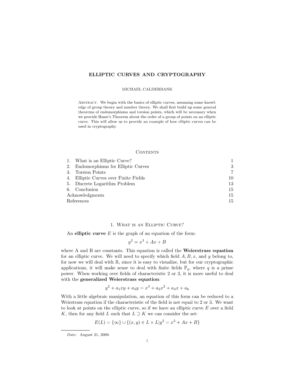 1 2. Endomorphisms for Elliptic Curves 3 3. Torsion Points 7 4