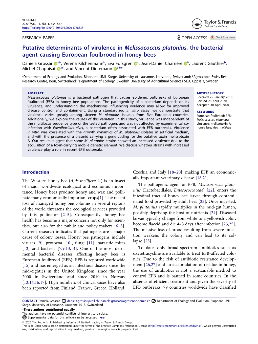 Putative Determinants of Virulence in Melissococcus Plutonius, The