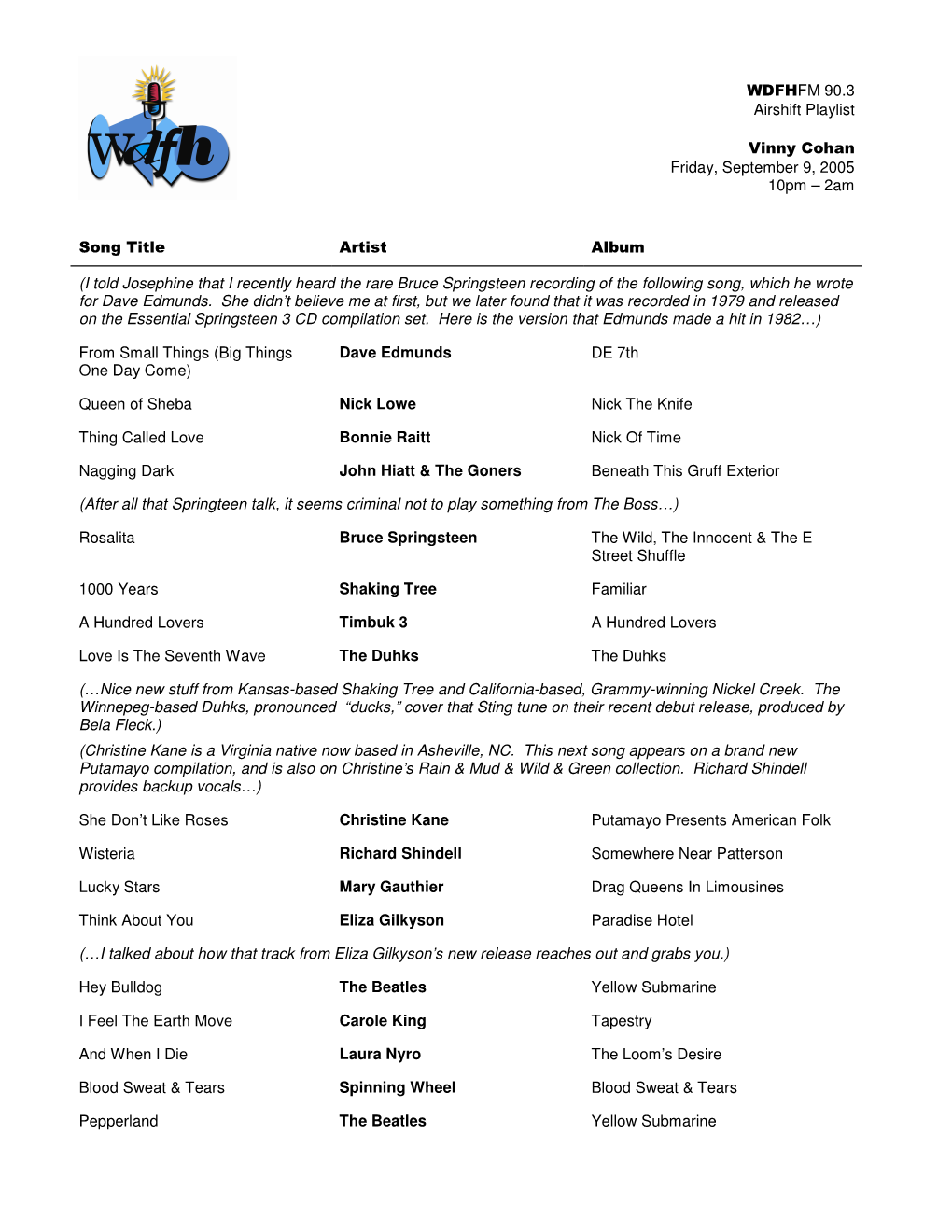 W DFHFM 90.3 Airshift Playlist Vinny Cohan Friday, September 9