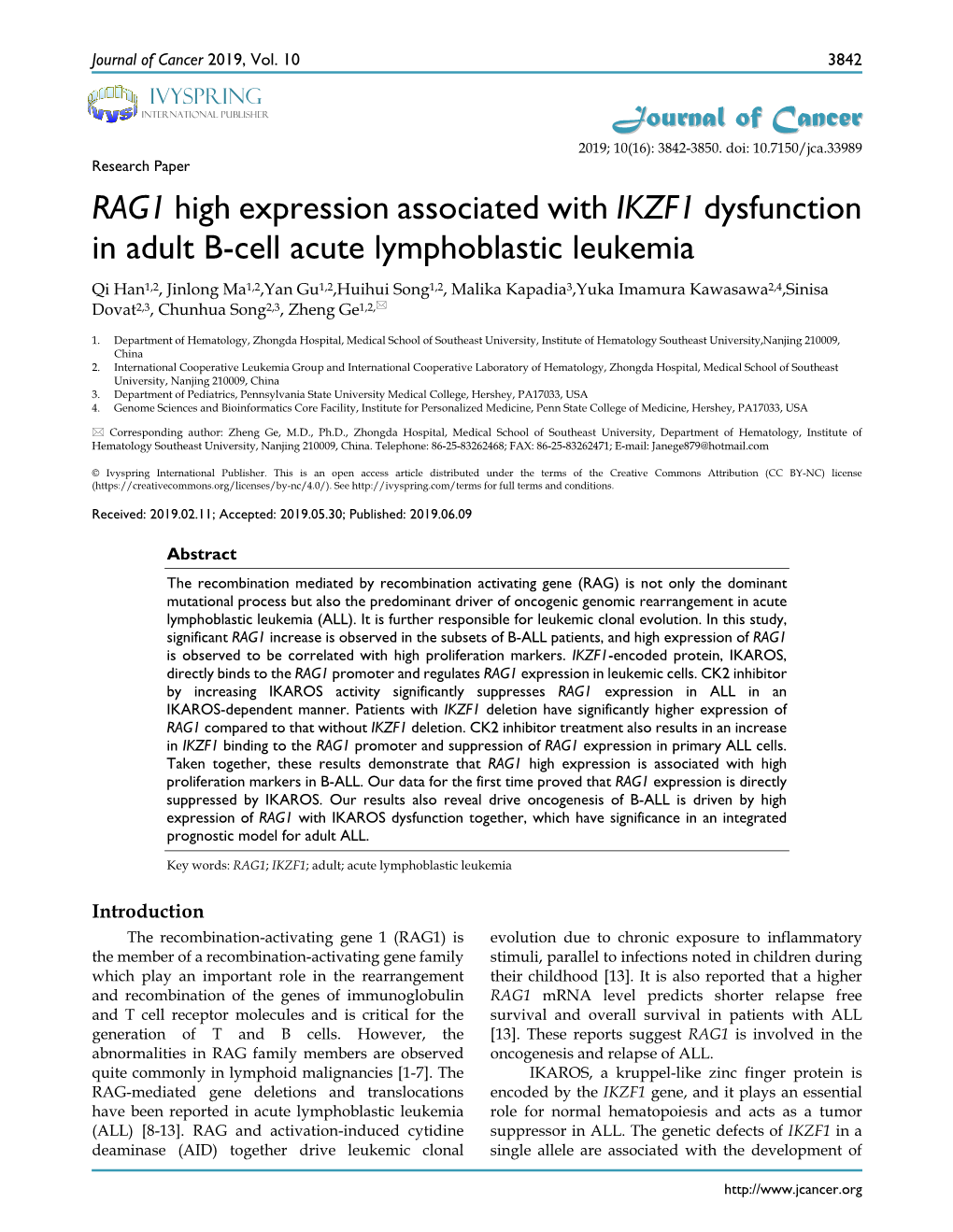 RAG1 High Expression Associated with IKZF1 Dysfunction in Adult B