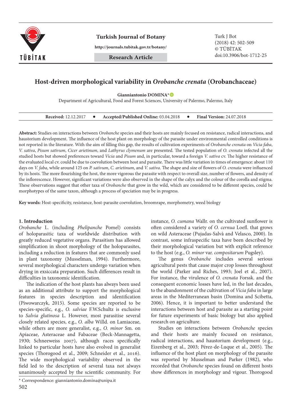 Host-Driven Morphological Variability in Orobanche Crenata (Orobanchaceae)