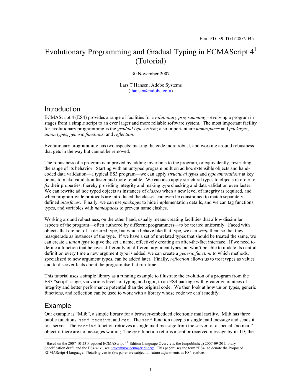 Evolutionary Programming and Gradual Typing in Ecmascript 41 (Tutorial)