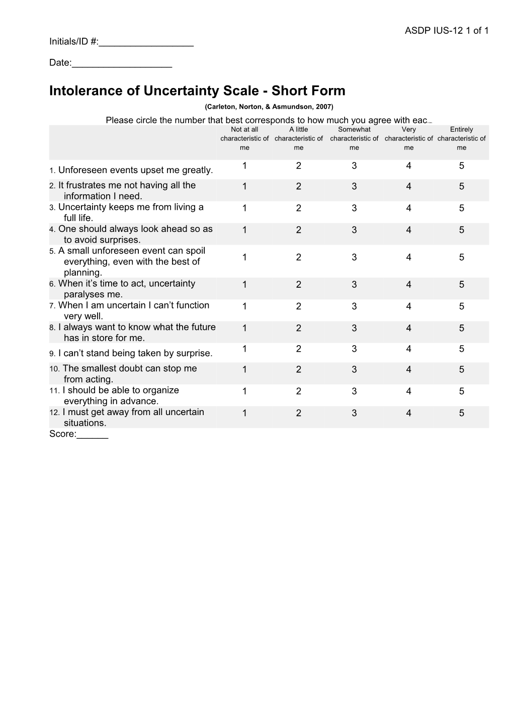 Intolerance of Uncertainty Scale - Short Form