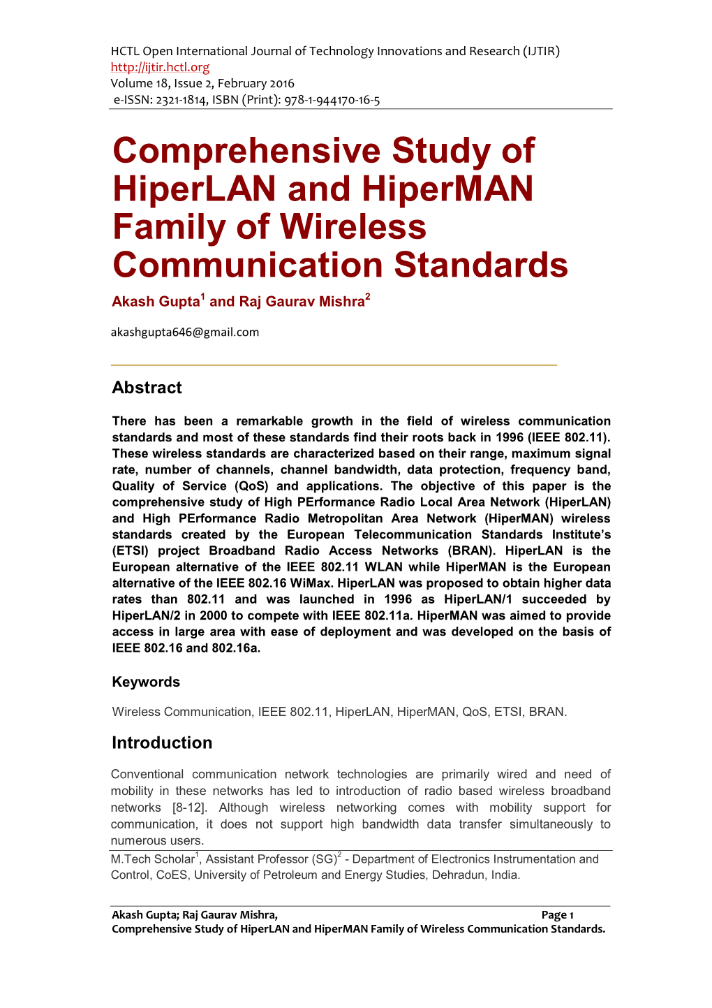 Comprehensive Study of Hiperlan and Hiperman Family of Wireless Communication Standards