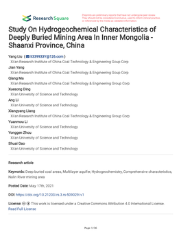 Study on Hydrogeochemical Characteristics of Deeply Buried Mining Area in Inner Mongolia - Shaanxi Province, China