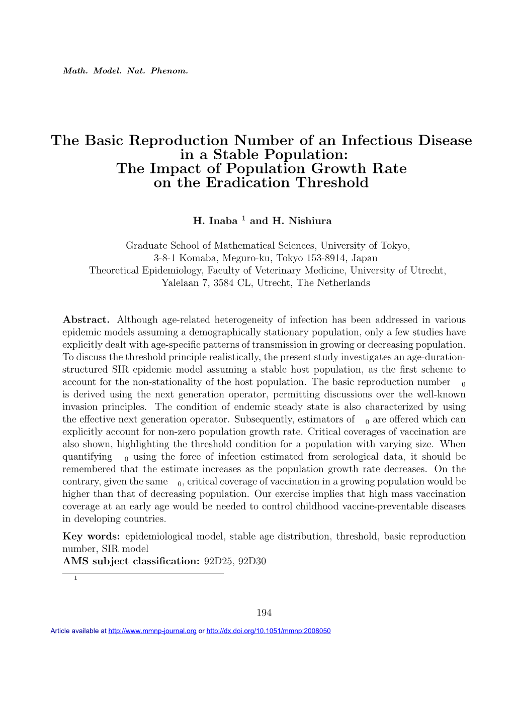 The Basic Reproduction Number of an Infectious Disease in a Stable Population: the Impact of Population Growth Rate on the Eradication Threshold