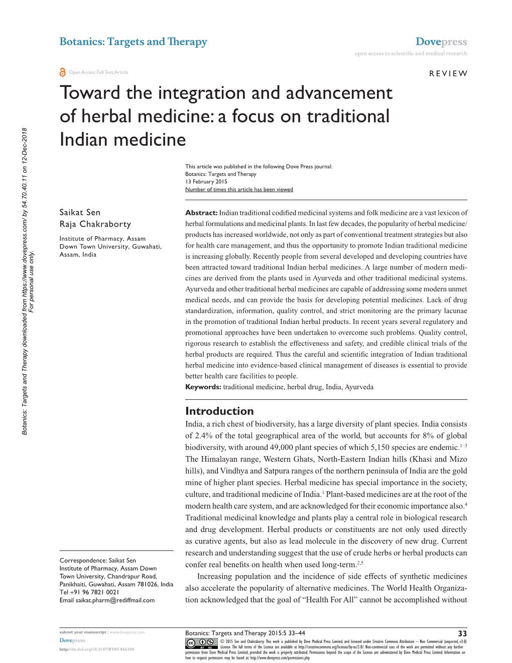 Toward the Integration and Advancement of Herbal Medicine: a Focus on Traditional Indian Medicine