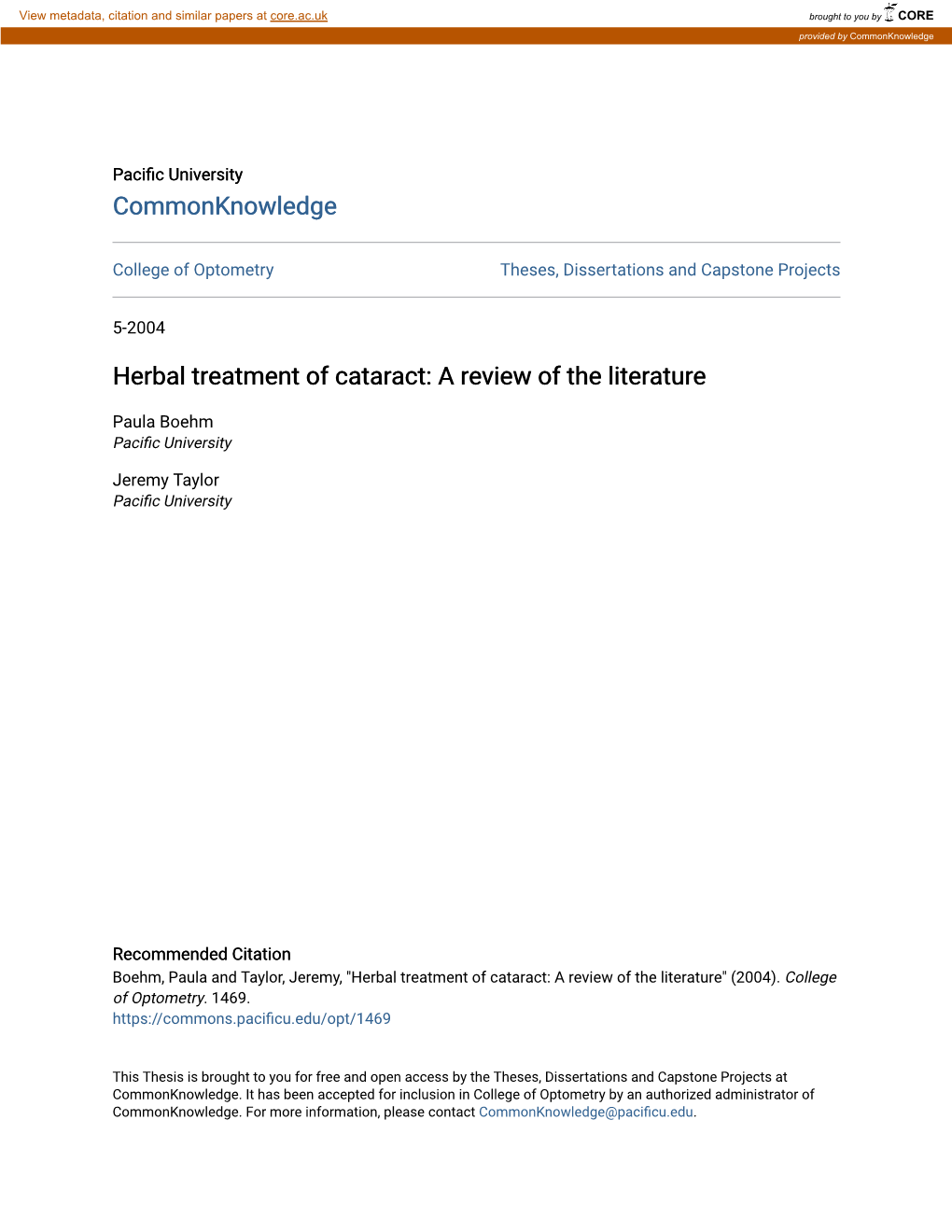 Herbal Treatment of Cataract: a Review of the Literature
