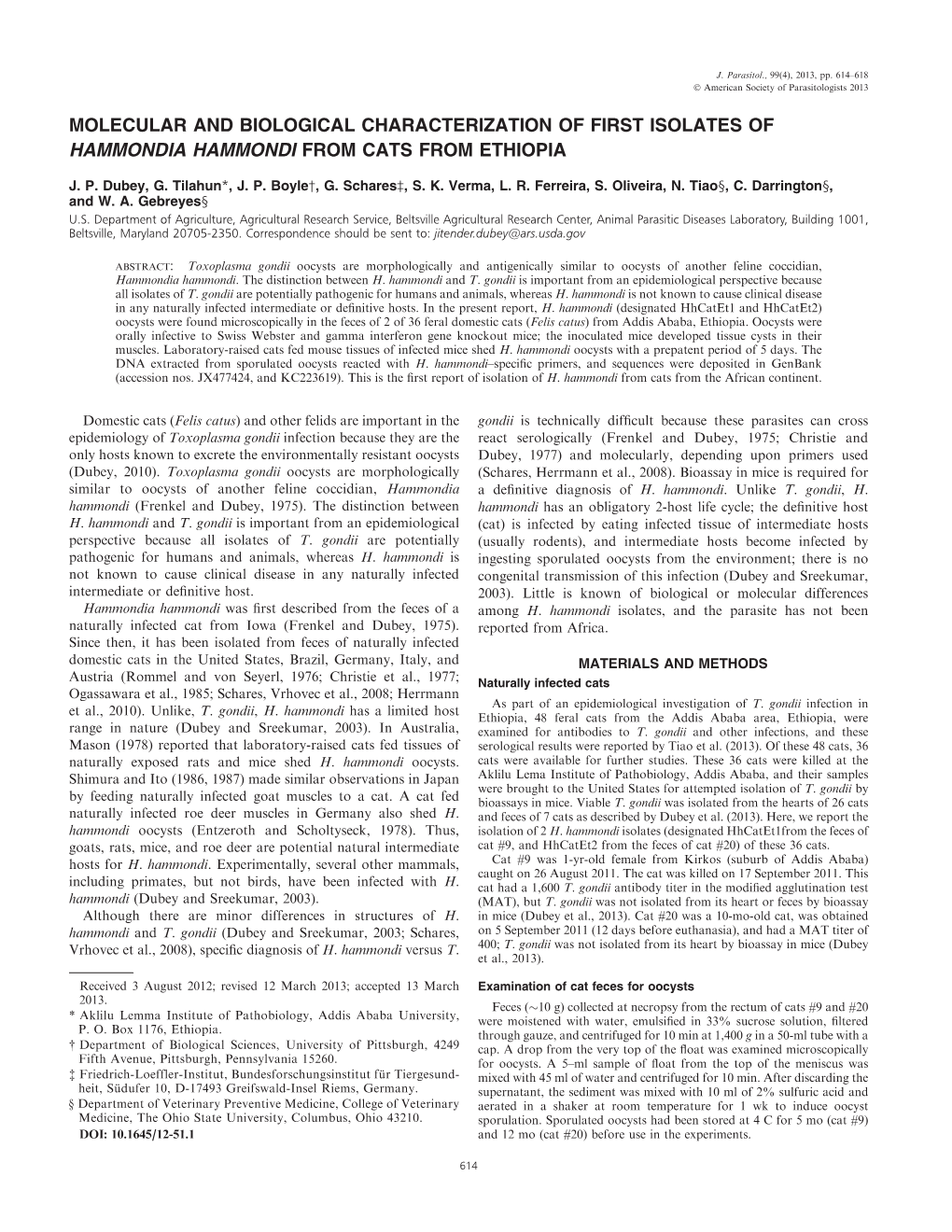 Molecular and Biological Characterization of First Isolates of Hammondia Hammondi from Cats from Ethiopia