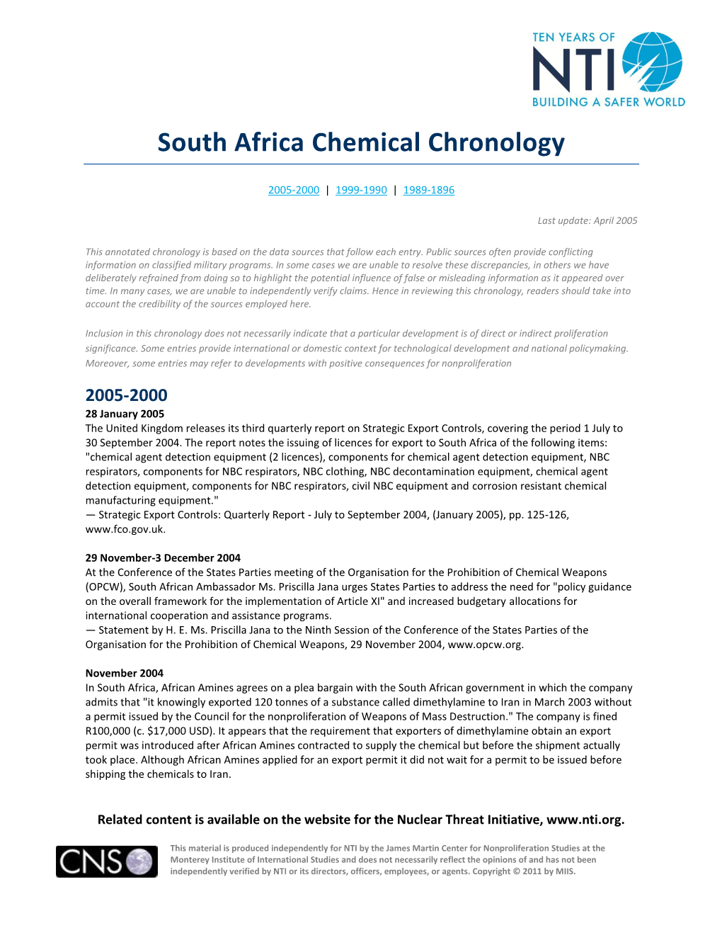 South Africa Chemical Chronology