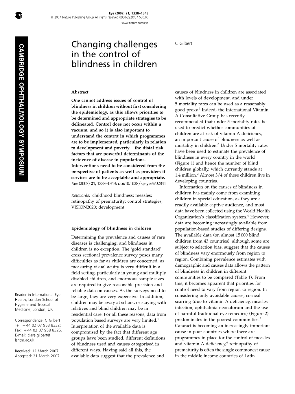 Changing Challenges in the Control of Blindness in Children