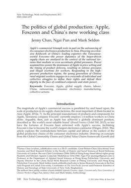 The Politics of Global Production: Apple, Foxconn and Chinas New