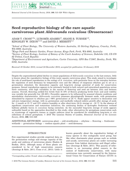 Seed Reproductive Biology of the Rare Aquatic Carnivorous Plant Aldrovanda Vesiculosa (Droseraceae)