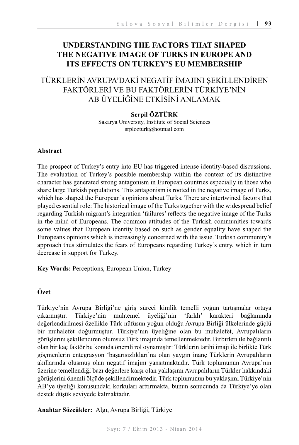 Understanding the Factors That Shaped the Negative Image of Turks in Europe and Its Effects on Turkey’S Eu Membership