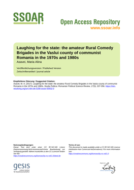 The Amateur Rural Comedy Brigades in the Vaslui County of Communist Romania in the 1970S and 1980S Asavei, Maria Alina