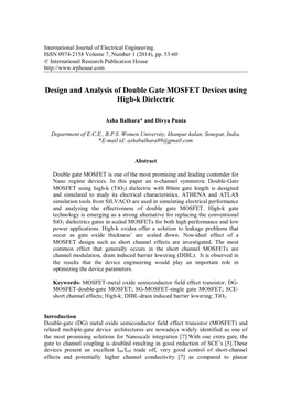 Design and Analysis of Double Gate MOSFET Devices Using High-K Dielectric