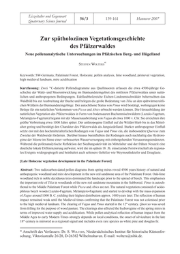 Zur Spätholozänen Vegetationsgeschichte Des Pfälzerwaldes Neue Pollenanalytische Untersuchungen Im Pfälzischen Berg- Und Hügelland