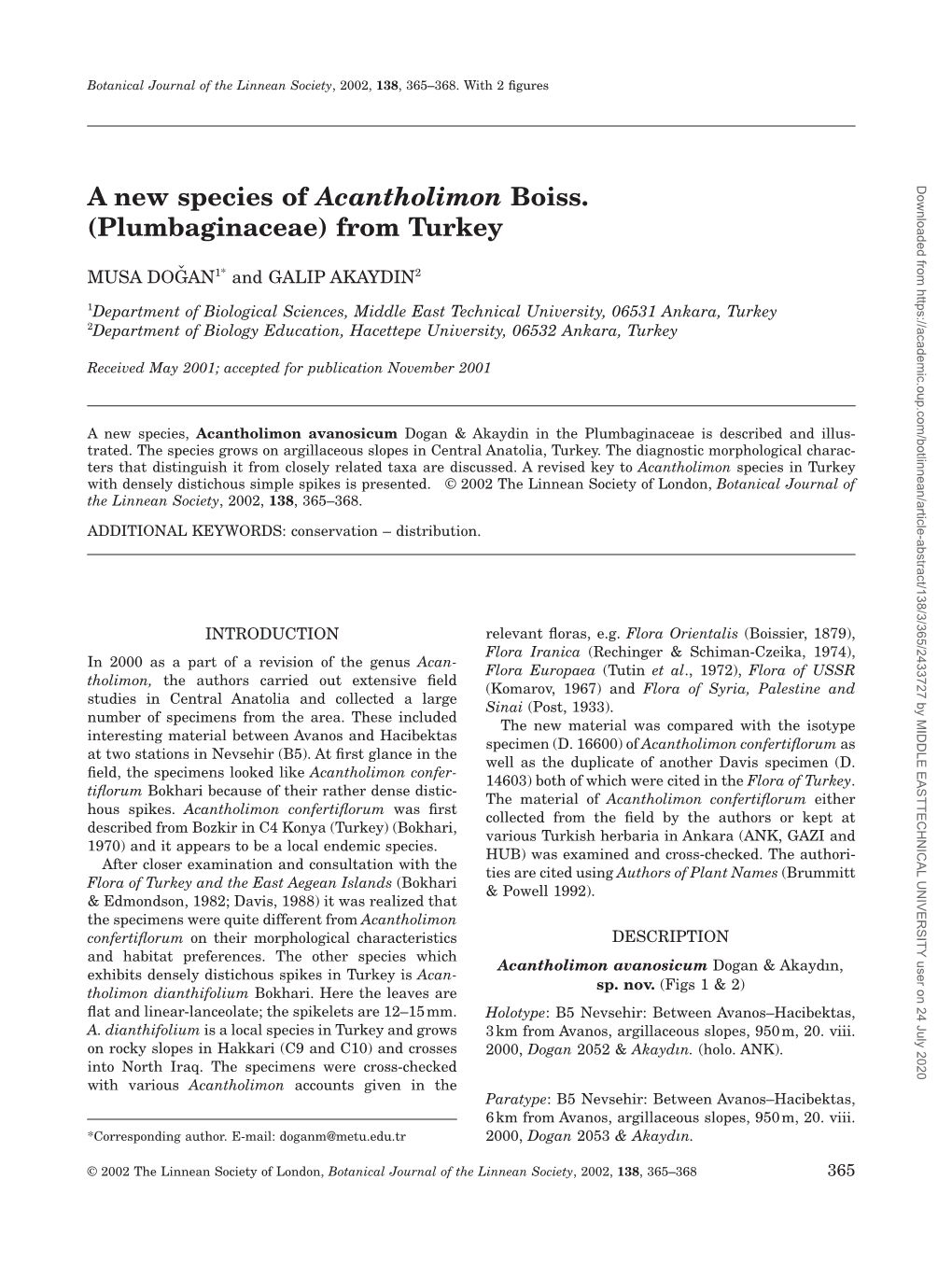 A New Species of Acantholimon Boiss. (Plumbaginaceae) from Turkey